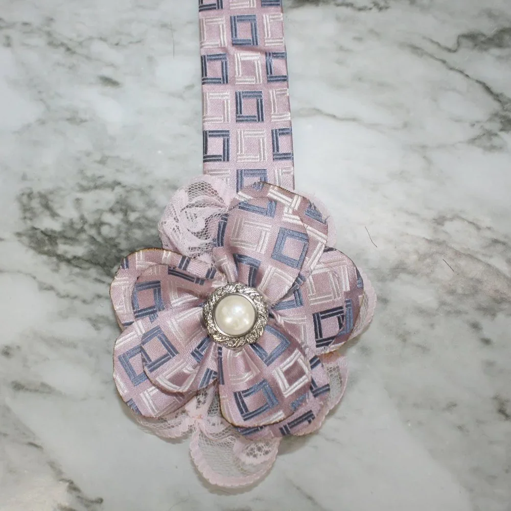 HAND CRAFTED Wrap Bracelet Pink Silver Squares Floral Upcycled Silk Necktie